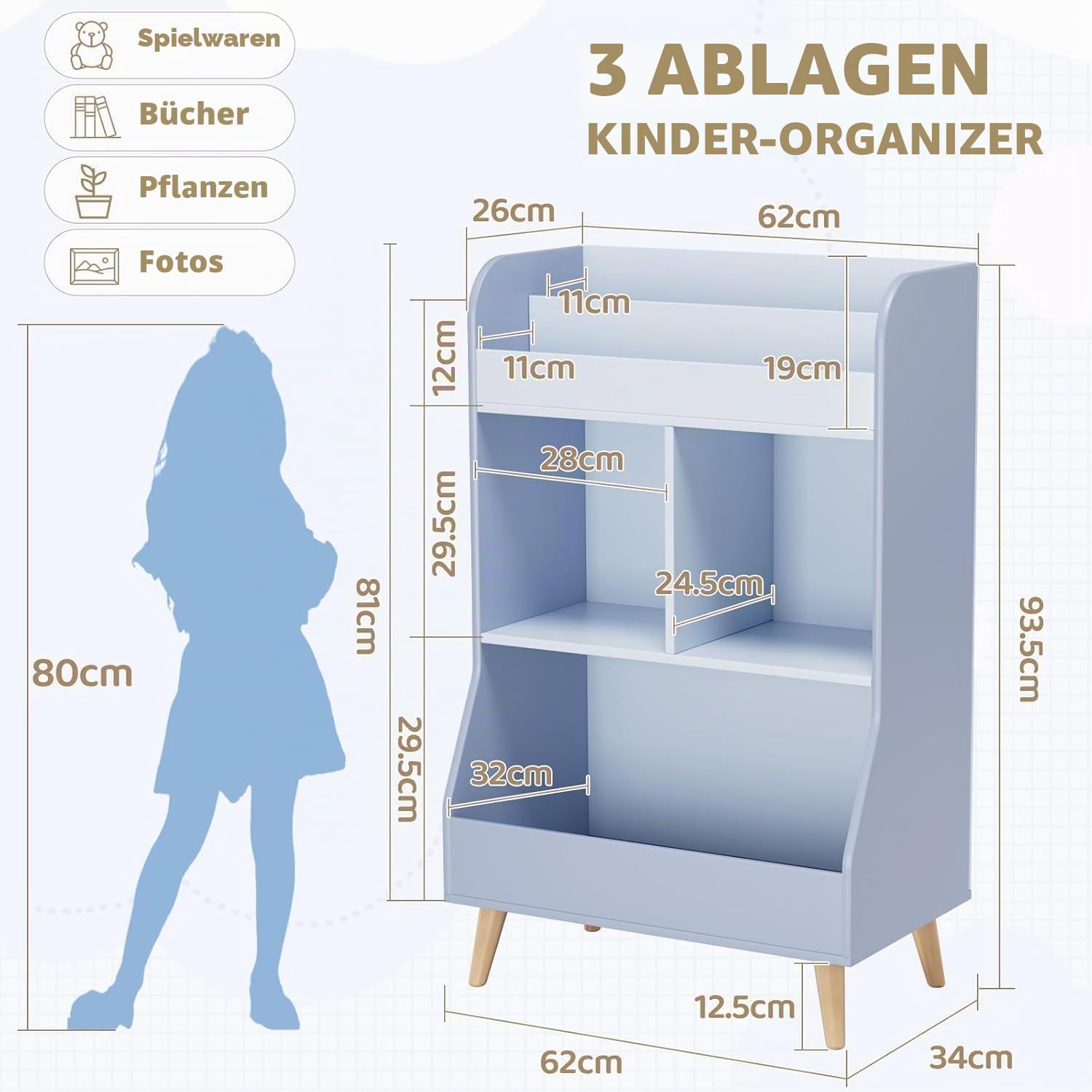Clevich Bücherregal Kinder, Kinderregal, Kinderzimmerregal, Spielzeugregal, 2 Fächern, 3 offene Fächer für Bücher, Montessori Aufbewahrungsregal, Kindermöbel für Kindergarten Spielzimmer (Blau)