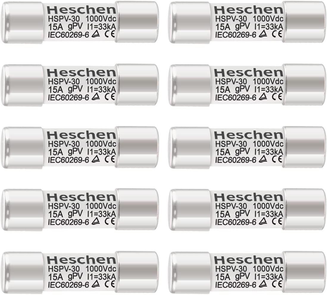 Heschen Solar DC1000V PV Fuse, Photovoltaic Fuses, gPV Type Fuse Link, HSPV-30, 10 * 38mm, 15A 1000VDC, I1 33kA, for Solar PV System Protection, 10PCS (15A)
