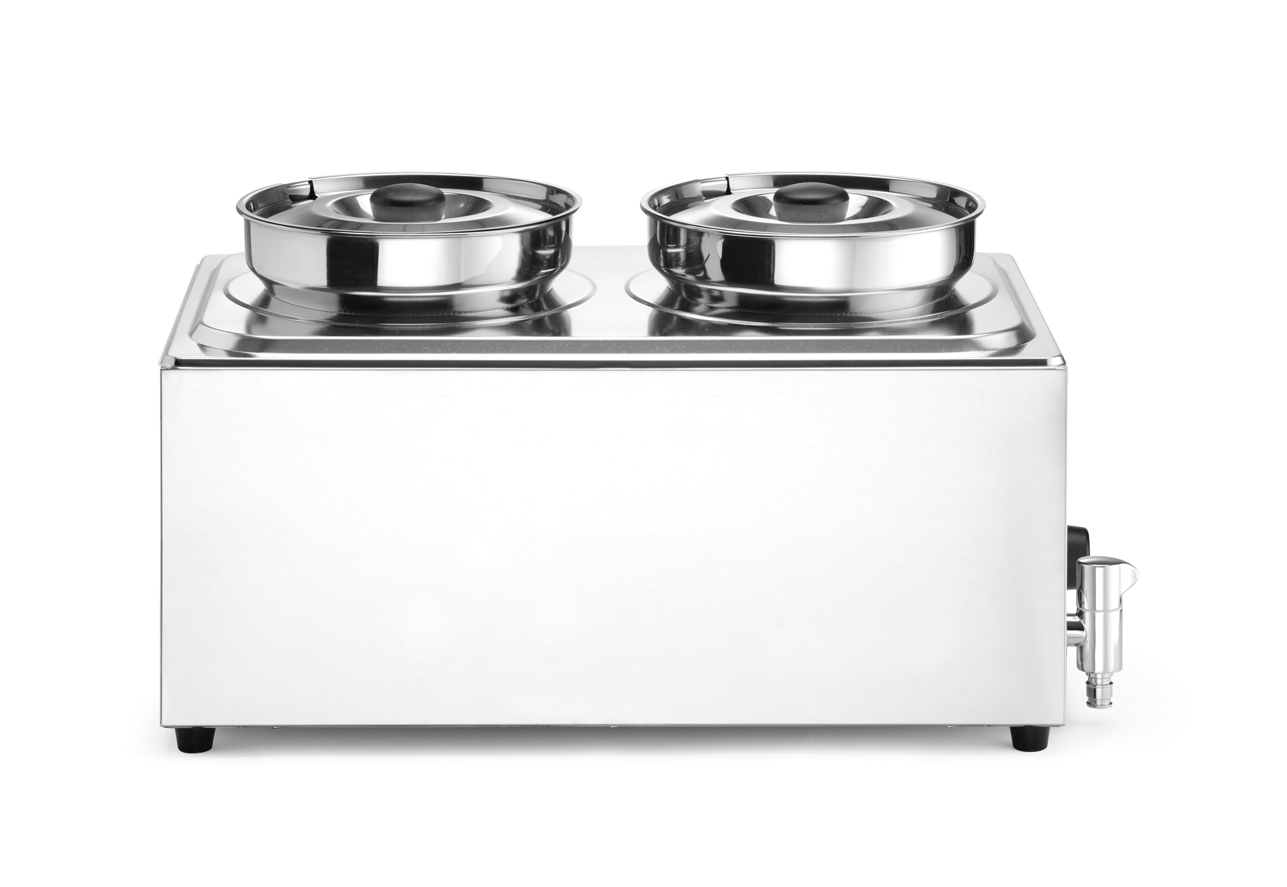HENDI Bagnomaria elettrico, con rubinetto, scaldavivande per buffet, temperatura regolabile 30–85°C, inclusi 2 contenitori rotondi con coperchi, 8 L, 220V, 1000W, 604x332x(H)315mm, inox