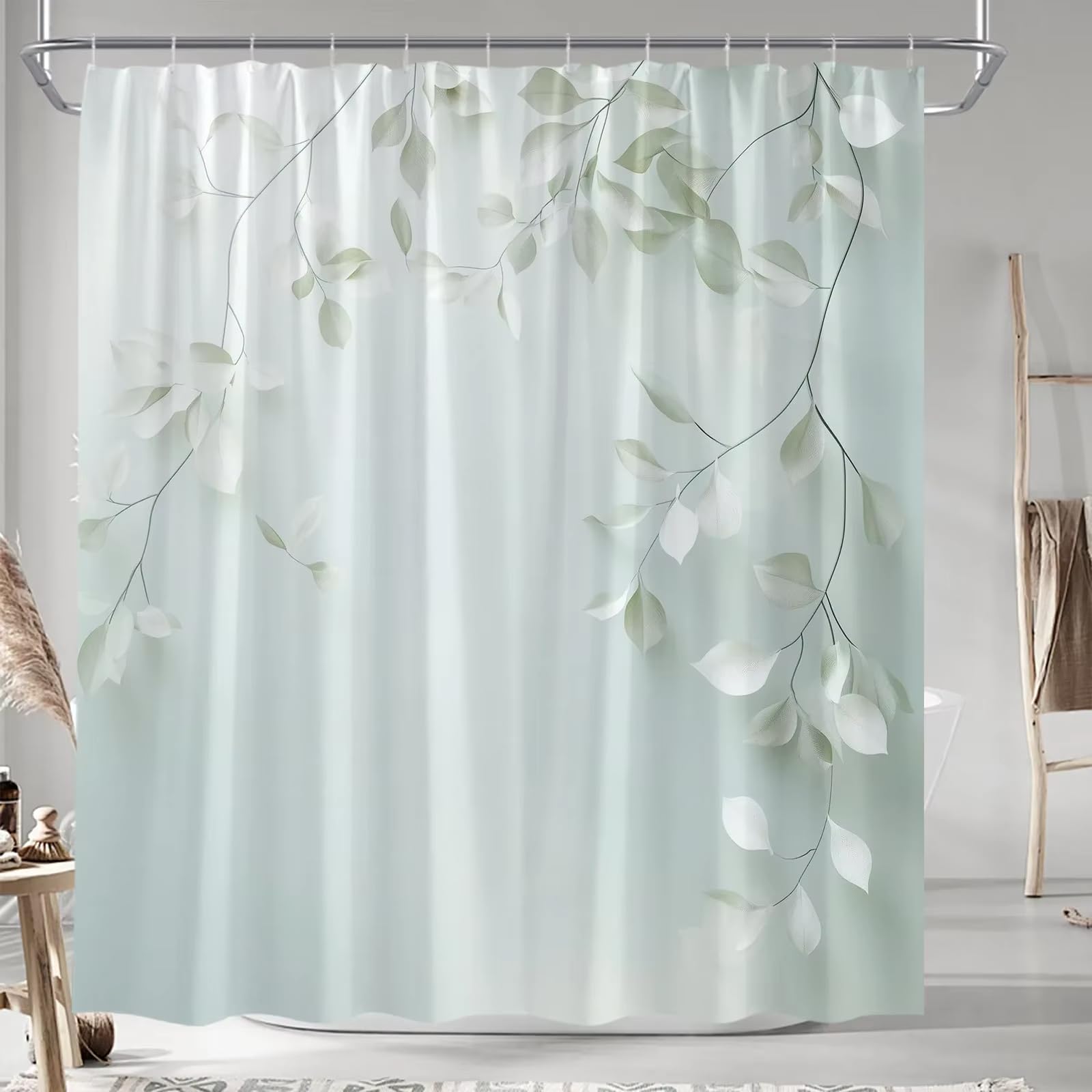 Duschvorhang aus Polyester 220x260cm/Breite x Höhe Muster mit hellgrünen Blättern und dunklen Zweigen, maschinenwaschbar, waschbarer, wasserdichter Stoff