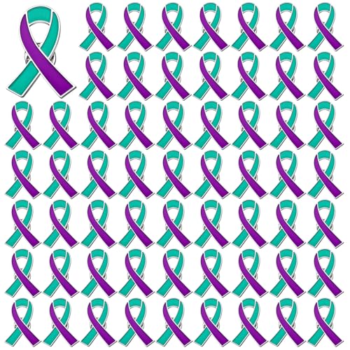 SANNIX 60Pcs Purple Teal Ribbon Pins, Suicide Prevention Awareness Pins Suicide Awareness Ribbon Enamel Brooch for Social Public Charity Event Party Event Favors