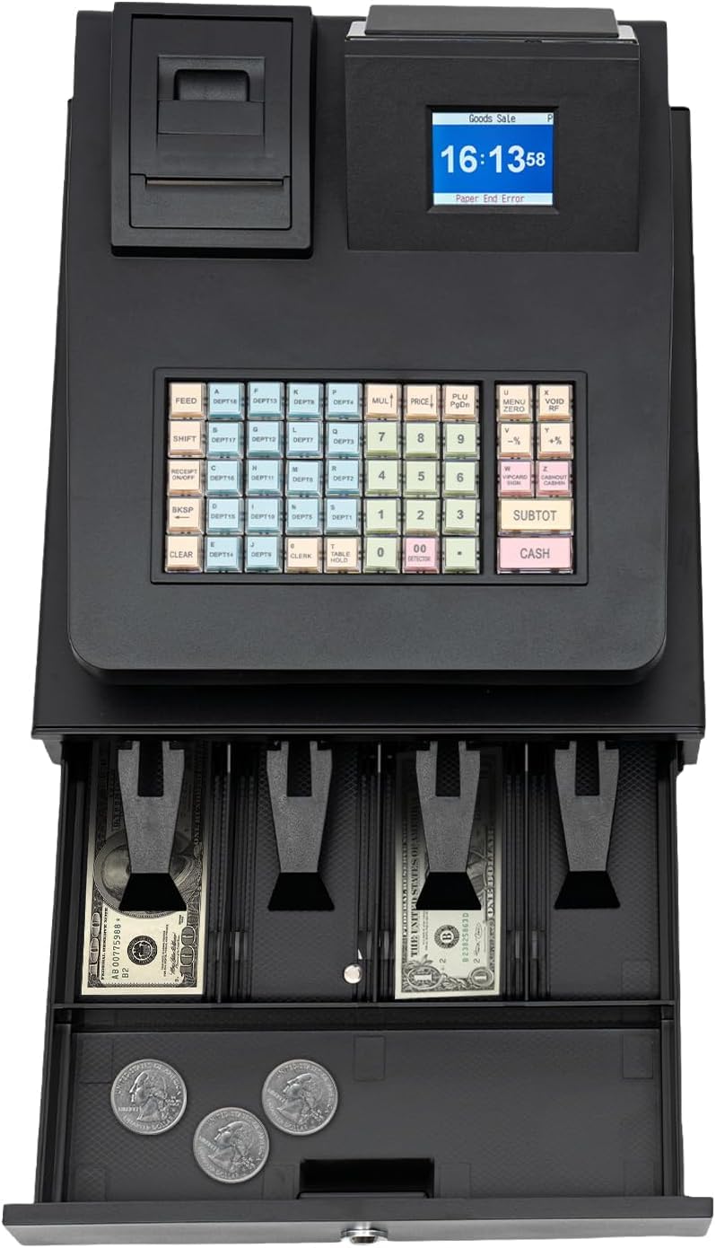 Registratore di Cassa Pos per Piccole Imprese E Ristoranti, Elettronico con Cassetto Contanti, 200 Reparti, 1000 Articoli, 30 Tipi di Pagamento, Compatibile con Scanner, Black