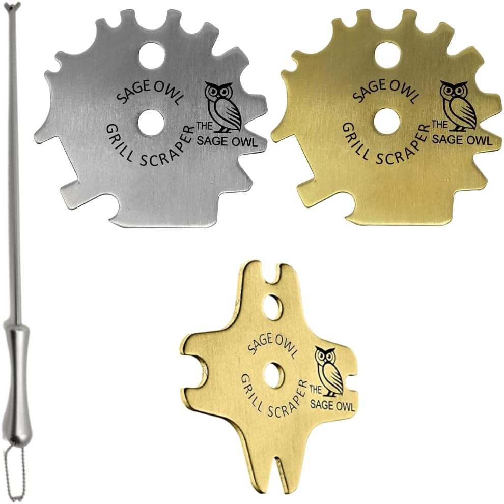 Sage Owl Bristle-Free Brass BBQ Grill Scrapers with Handle Combo – Includes Universal Barbecue Grill Cleaners for Outdoor, Porcelain, and Charcoal Grills – Unique Kitchen Gadgets for Women