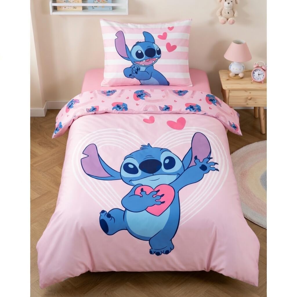 Juego de Cama Disney Stitch Rosa - Funda Nórdica 140x200 cm y Funda de Almohada 65x65 cm - 100% Algodón Premium - Certificado Oeko-Tex - Reversible Lilo & Stitch para Niña y Joven