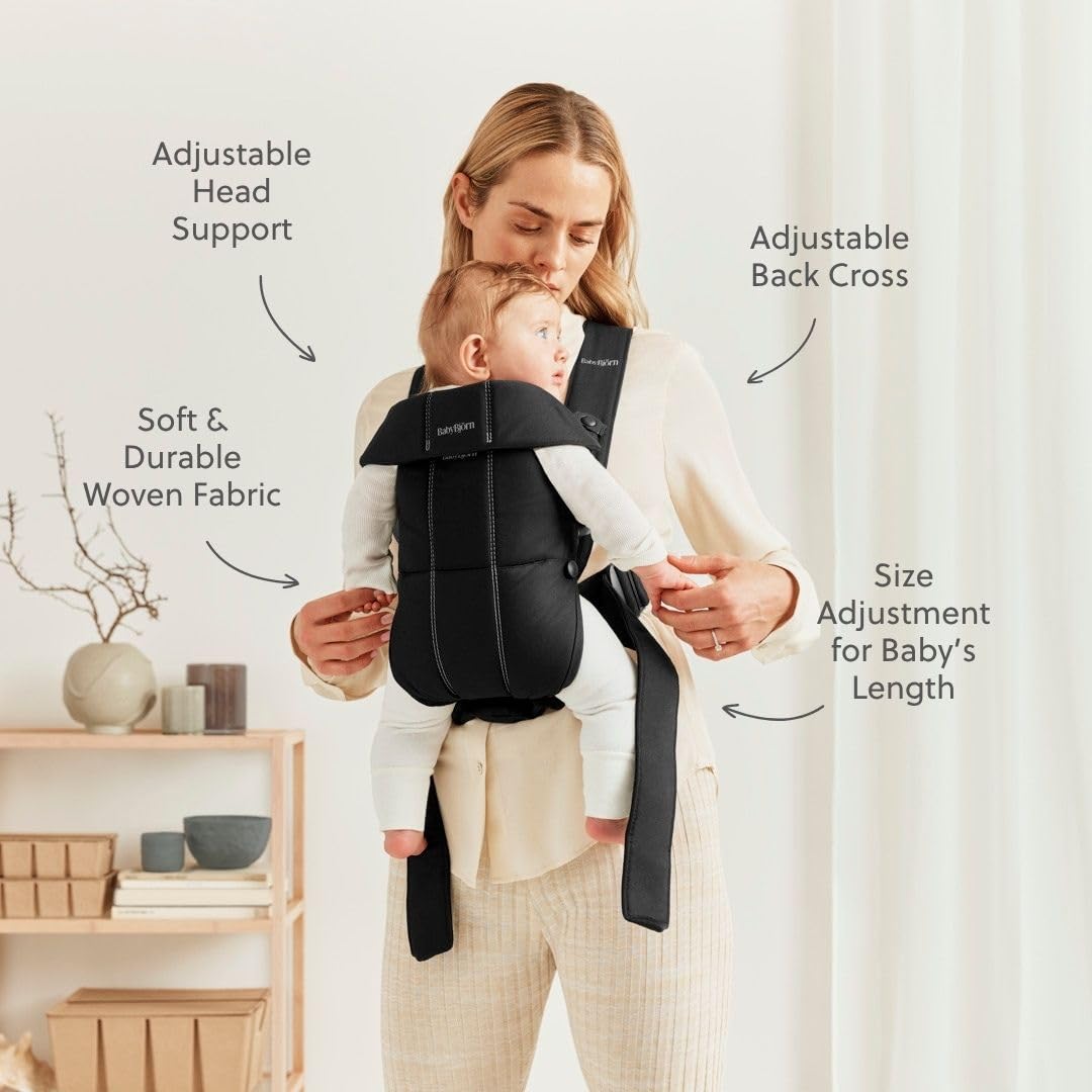 BabyBjörn Baby Carrier Mini, Black, Woven | Newborn Carrier (7-25 lbs), Ergonomic, Easy-to-Use