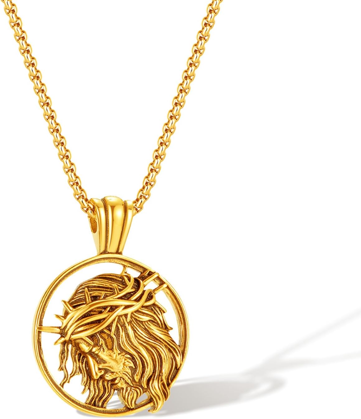 Jesus Pendant Necklace for Men 18K Gold Plated Stainless Steel Religious Jewelry with Crown of Thorns – Christian Faith Medallion with 22 Inch Chain