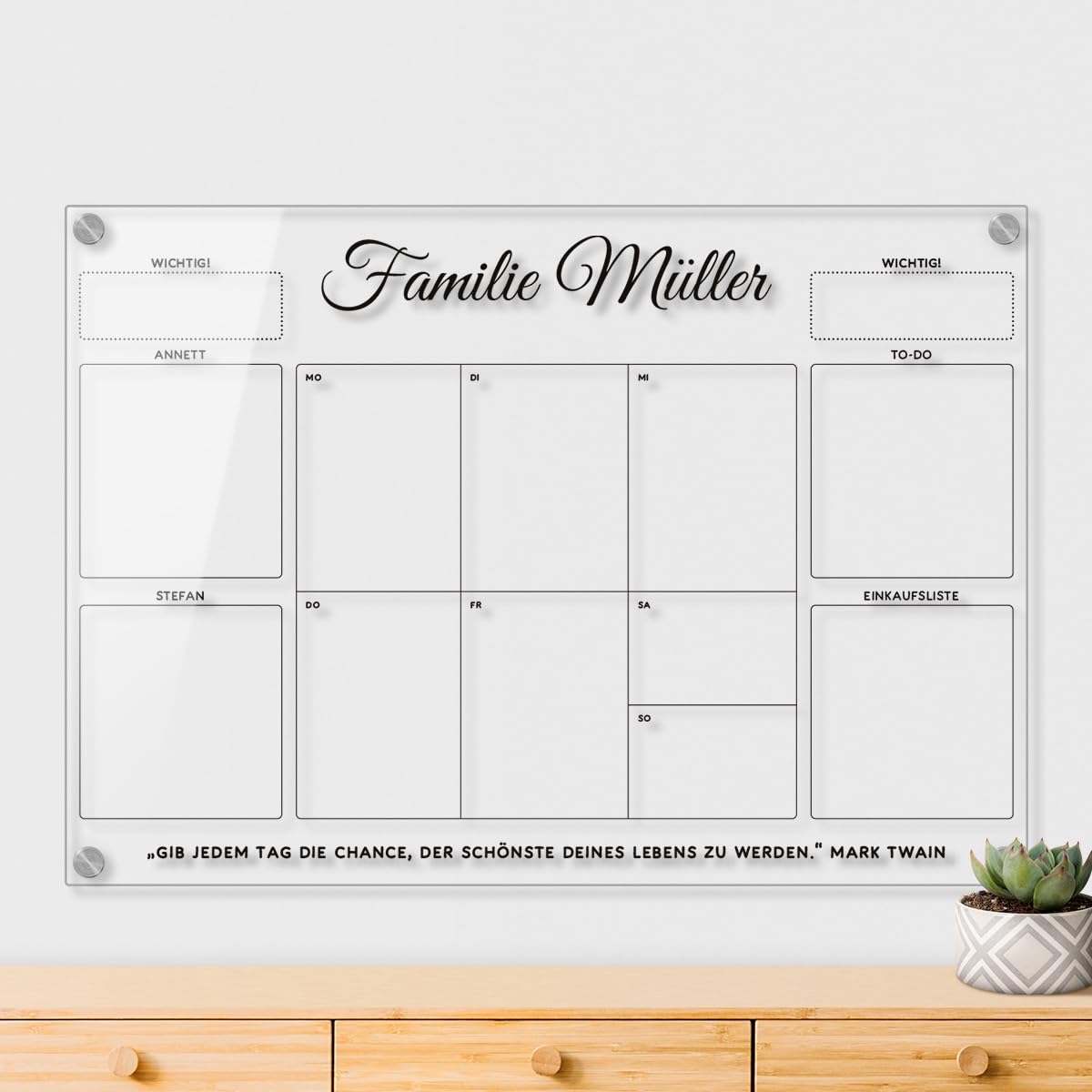 Personalisierter Acrylglas Wandkalender - Familien Wochenplaner abwischbar DIN A3, A2 oder A1 XXL wählbar inkl. Montagematerial und Edelstahl Abstandhalter, langlebig, klarer UV-Druck
