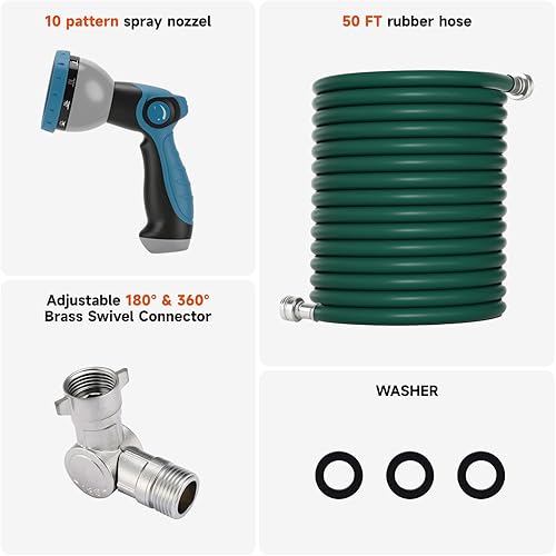 Miniatura 2 de Roastove Manguera de aluminio con manguera de jardín de goma de 50 pies, con conector giratorio de latón ajustable de 180 y 360, con boquilla de