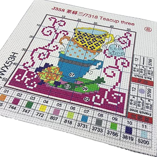 Image of Howie's Needlepoint Cross Stitch Kits, 11CT Pre-Printed Pattern Needlepoint Kits, Full Range of Stamped Starter Kits (Teacup Three, 7.1 x 7.1 Inch)