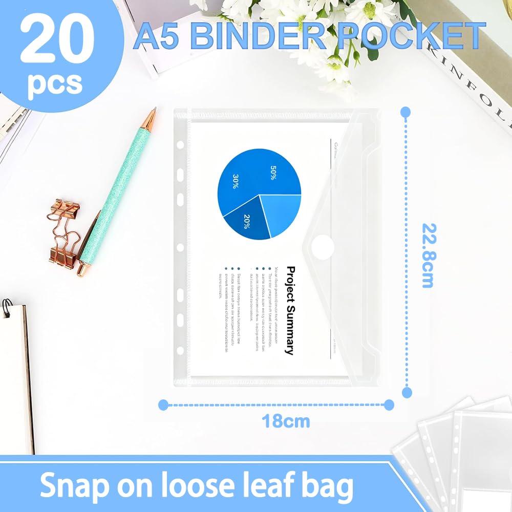 20 Piezas Carpeta A5 Sobre Plástico con Botón,A5 Carpeta Plastico 7 Agujeros, 22.8x18cm,Plástico Transparente Carpetas Sobre para Organización de Documentos en Oficina, Escuela y Hogar