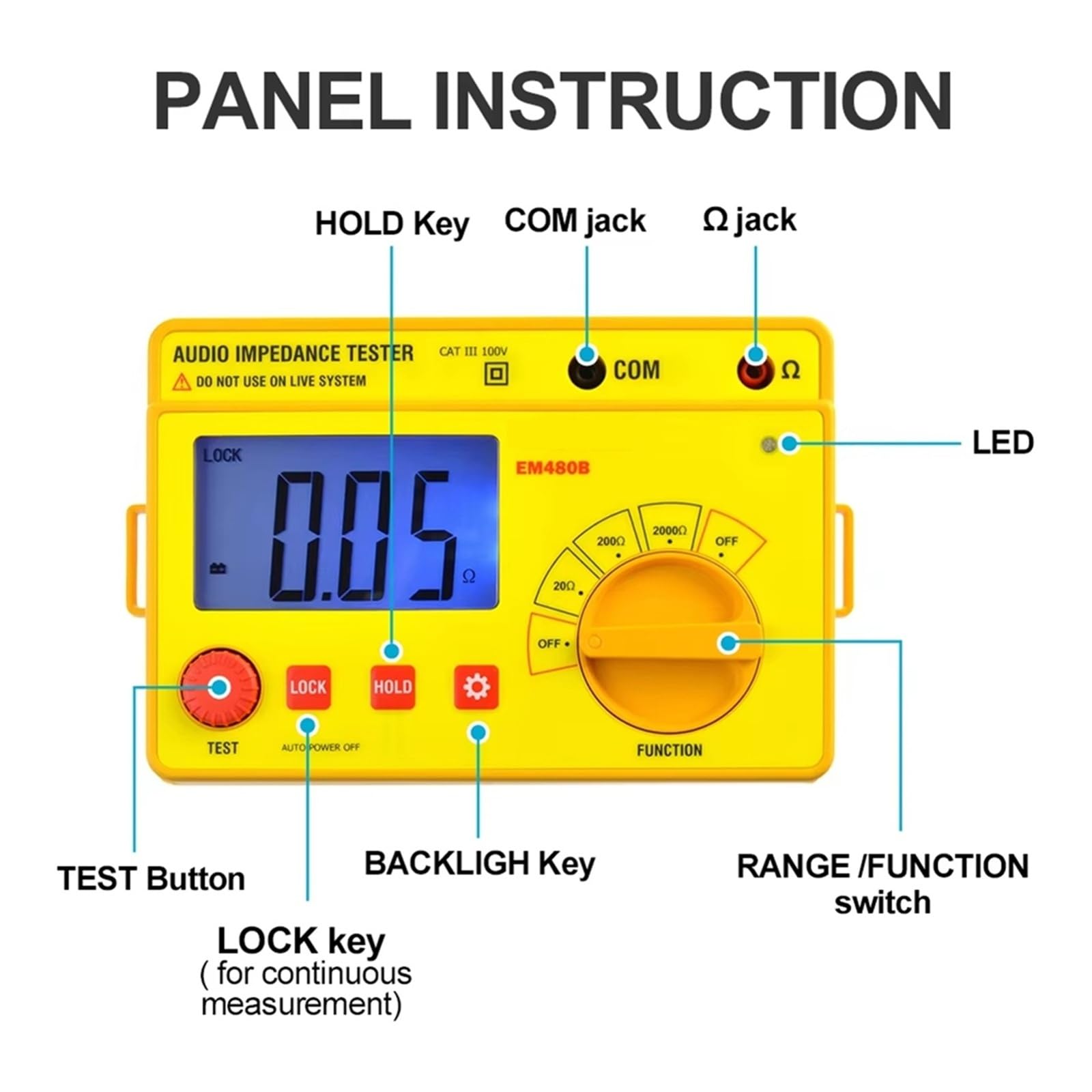Testeur d'impédance audio portable EM480B avec plages de test 20/200/2000, résistance, fonction minuterie, maintien des données Large gamme d'applications