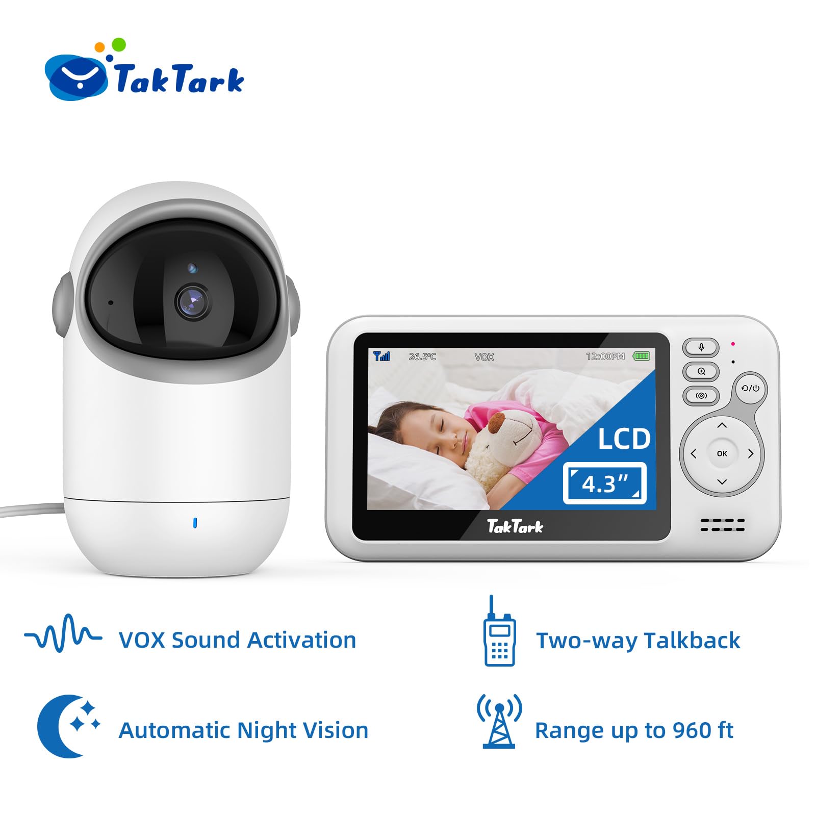 TakTark Camara Vigilancia Bebe, 4.3'' Vigilabebes con Camara Rotación de 300°, Inalámbrico Bebe Monitor con Visión Nocturna, VOX, Comunicación Bidireccional, Sensor de Temperatura, Sólo movimiento