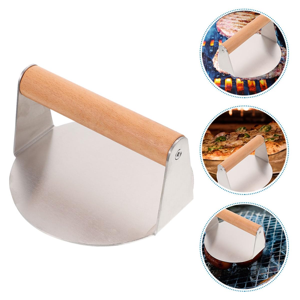 Prensa Manual Redonda de Acero Inoxidable y Madera para Hamburguesas | Color Plata, Tamaño Uniforme Pieza, Mango Cómodo, Uso en Parrilla o Plancha