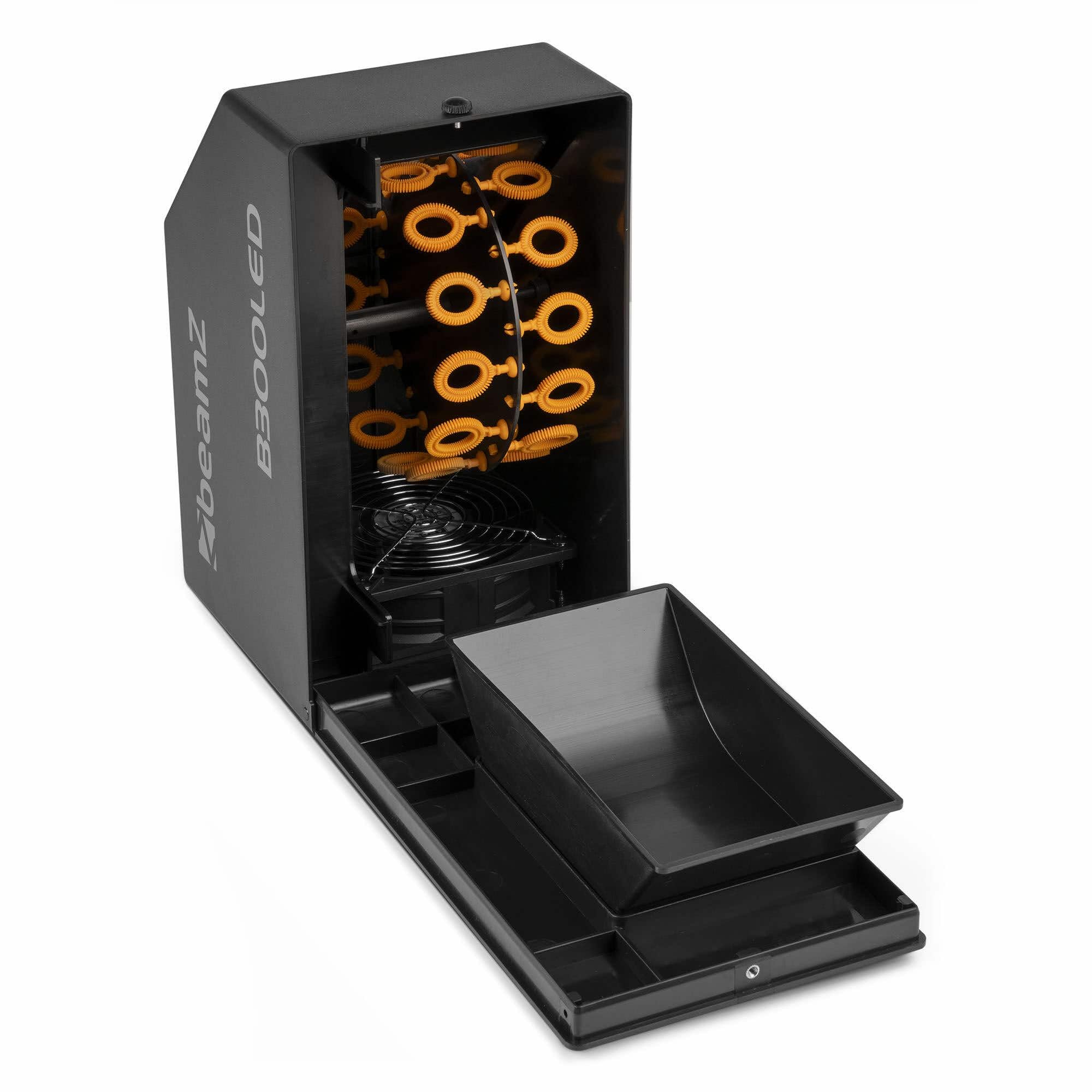 BeamZ B300LED - Máquina de Burbujas LED RGB con 5L líquido incluida, Ligera, portátil, depósito 700ml, Mando a Distancia, Potente Ventilador, para Fiestas temáticas y Eventos al Aire Libre