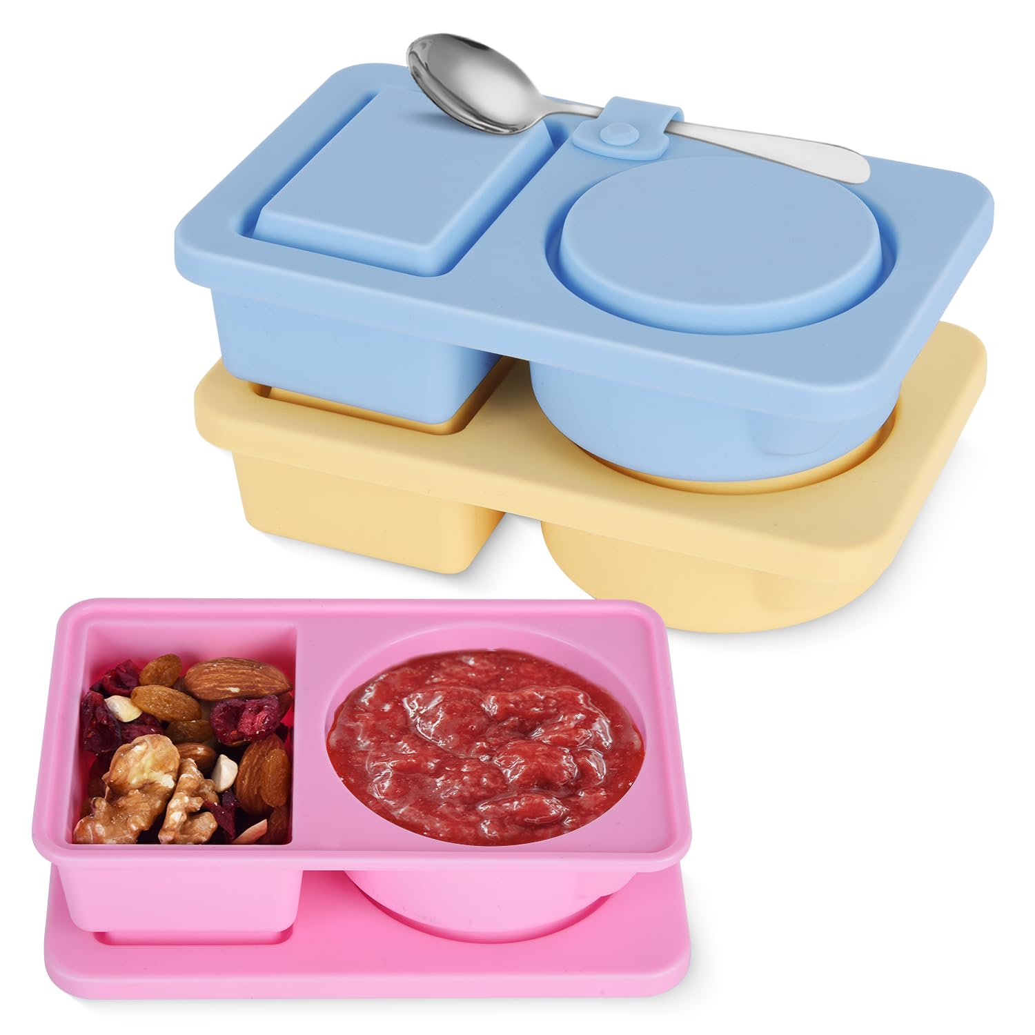 Silicone Reusable Snack Containers with Lids, Double Compartment Snackle Box Containers for Dips Salad Condiment, Small Food Snack Case for Travel, Picnics,School (3 Pack)