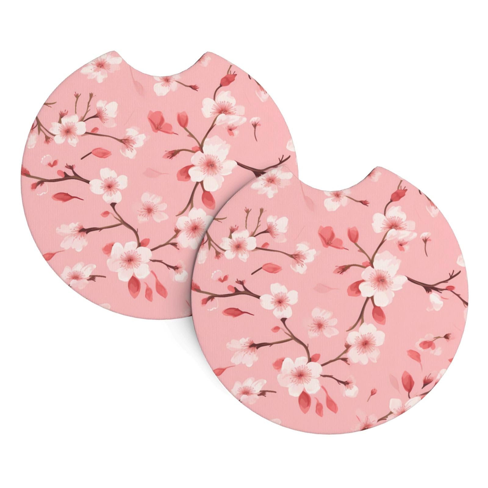 HJFCZH Delicate Cherry Blossoms Printed Car Coaster Set of 2 - Waterproof Rubber Cup Holder Protectors for Cars, Trucks & SUVs