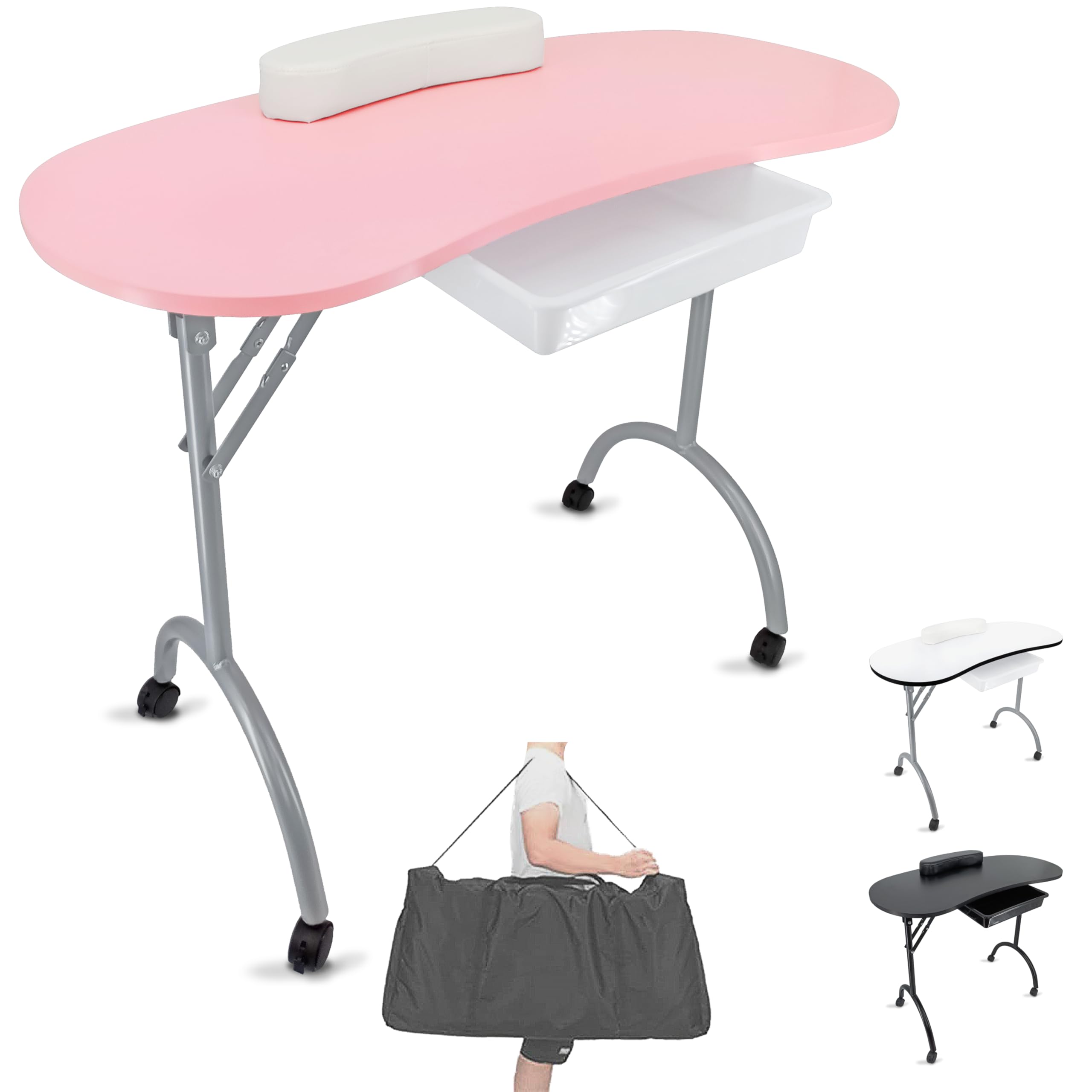 BELTOM® Mesa para manicura Plegable, con cajón y Bolsa de Transporte - 9,5 KG - 98 x 44 x 77 cm - Rosa