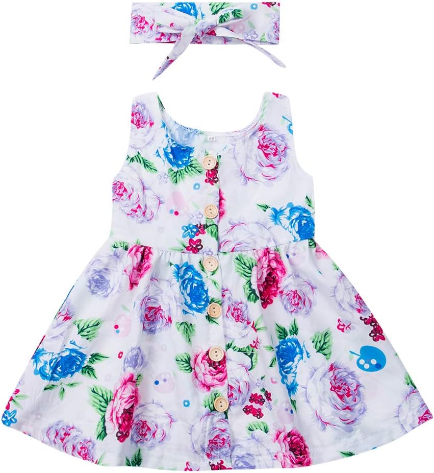 Luckylife Toddler Kids Baby Girl Cute Outfits Floral Party Dresses Sundress Headband Summer Clothes Set (6 Months- 4 Years)