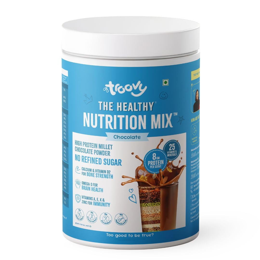 Troovy Healthy Chocolate Milk Mix | Made with goodness of Millets, Nuts & Protein Blend | All Natural Ingredients | Made with Jaggery, No Processed Sugar | 350g Pack