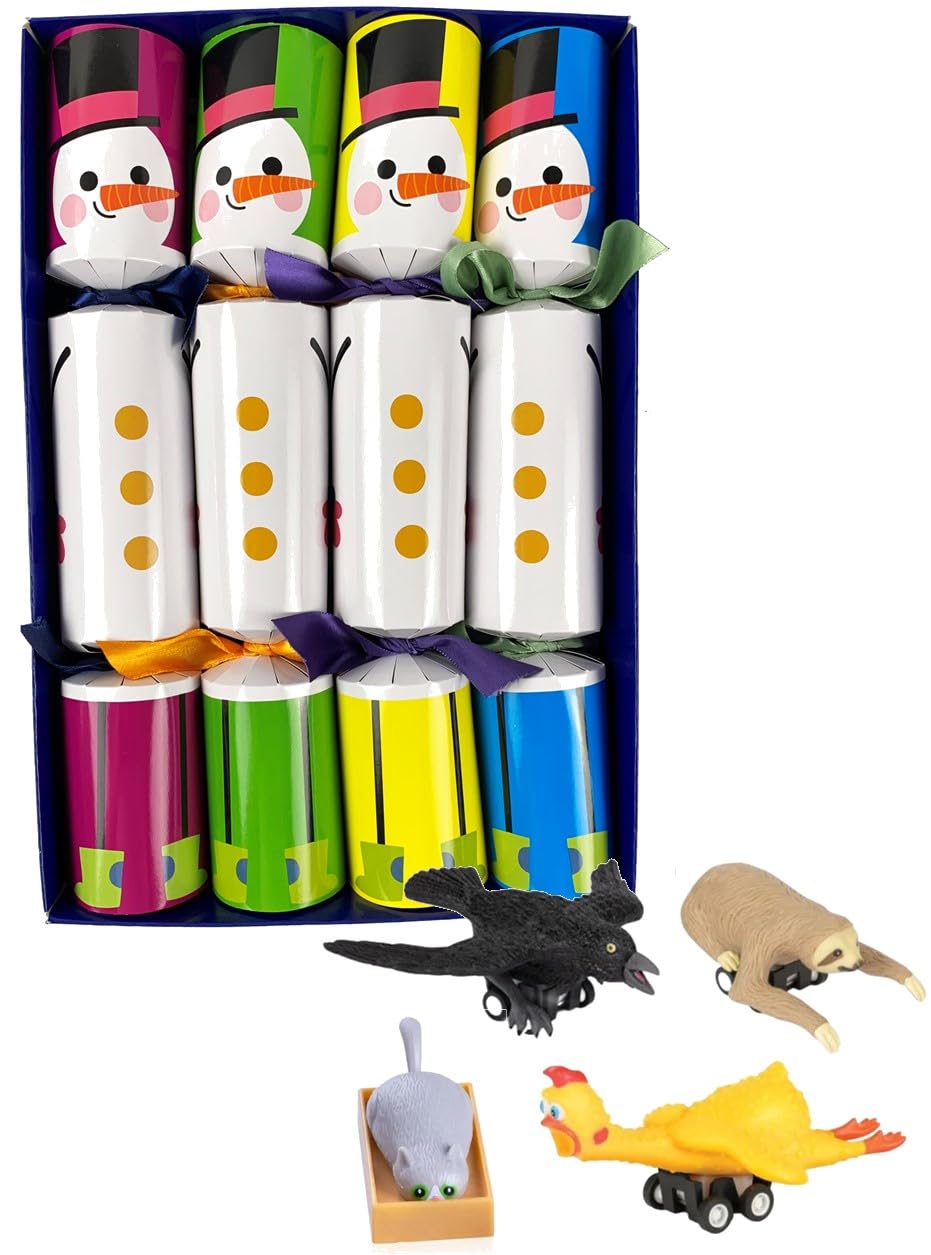 Crackers Ltd Purple, Blue, Green, Yellow Set Of 4 Colourful Snowman Design Christmas Crackers - With Fun Animal Racers Inside