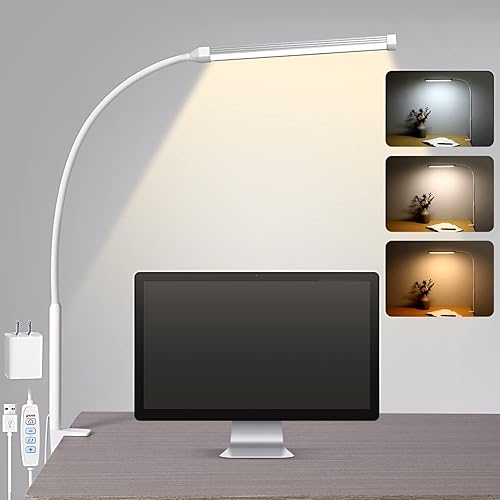 Lámpara de escritorio LED con abrazadera, luces de clip para oficina en casa, 3 modos, 10 brillo, cuello de cisne flexible largo, metal, brazo