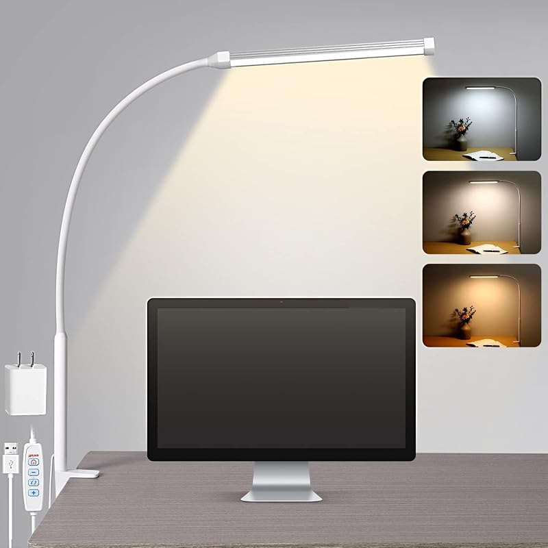 Voncerus LED Desk Lamp with Clamp, Clip on Lights for Home Office, White | 3 Modes 10 Brightness, Long Flexible Goose-Neck, Eye-Caring, Memory Function, Energy Efficient, USB Adapter, Metal