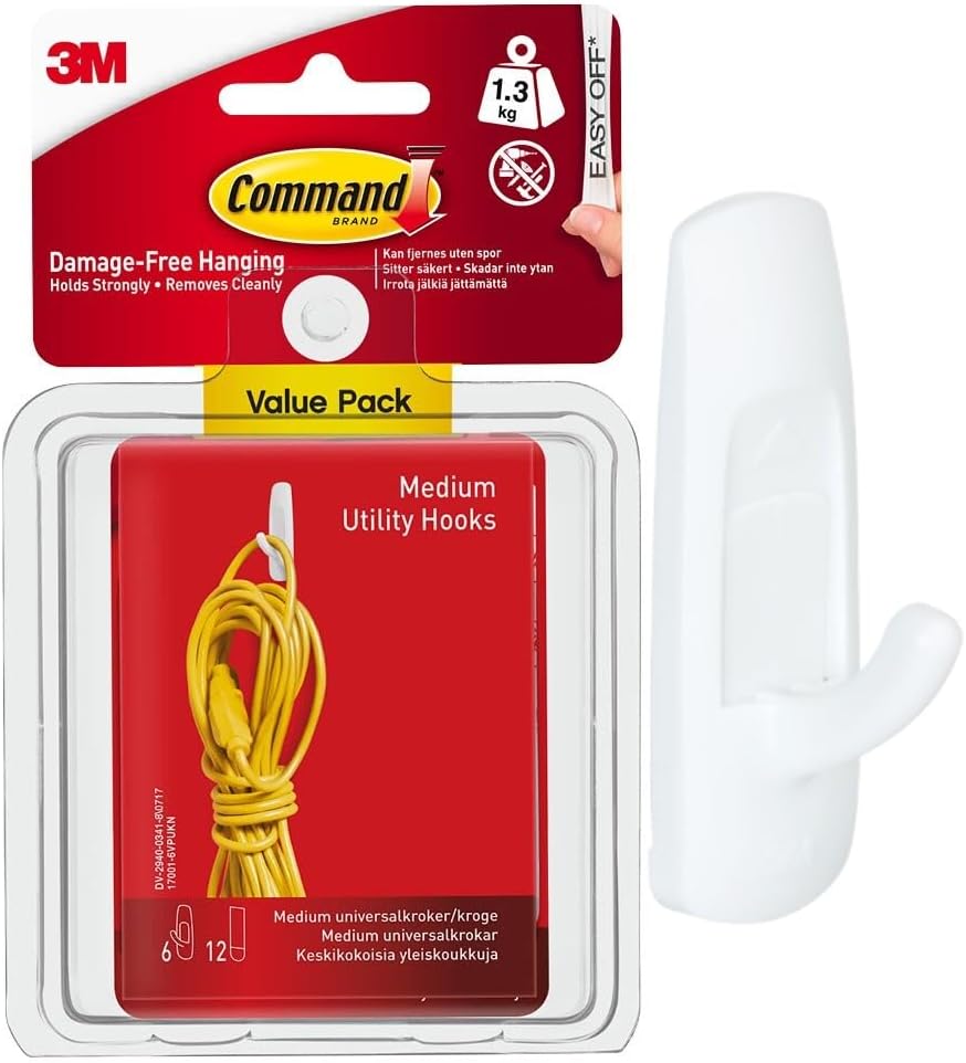 Utility Hooks, Medium, 6 Hooks in White and 12 Adhesive Strips - Damage Free Hanging - Holds up to 1.3kg