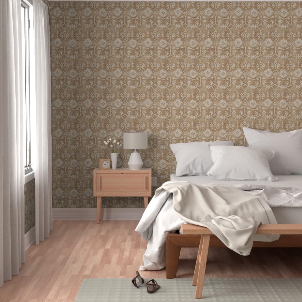 Peel & Stick Wallpaper 3ft x 2ft - Rustic Floral,Farmhouse,Grain Sack,Neutral Flowers,tan Taupe Khaki,Weathered Distressed,Vintage Custom Removable Wallpaper by Spoonflower