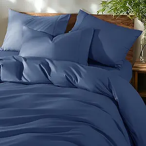 Shilucheng 100% Cotton Queen Size Duvet Covers - 600 Thread Count, Luxury Sateen Weave Egyptian Cotton Comforter Cover with Zipper Closure & Corner Ties,Hotel Bedding Duvet Covers 3 Piece (Navy Blue)