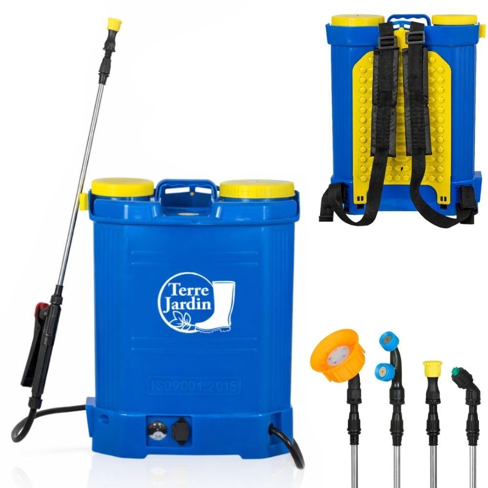 TERRE JARDIN Pulvérisateur Électrique Rechargeable 16L - Pulvérisateur de Jardin Dorsal à Batterie 12V avec Lance Télescopique et 4 Buses - Pulvérisateur pour Toiture, Plantes et Désherbage