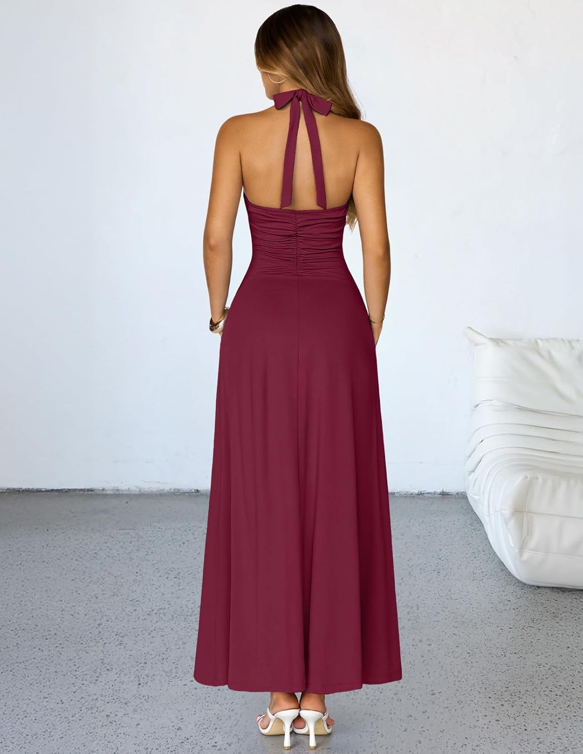 MEROKEETY Women's Formal Halter Maxi Dress 2026 Summer Backless Sleeveless V Neck Ruched Cocktail Wedding Guest Dresses - Image 3