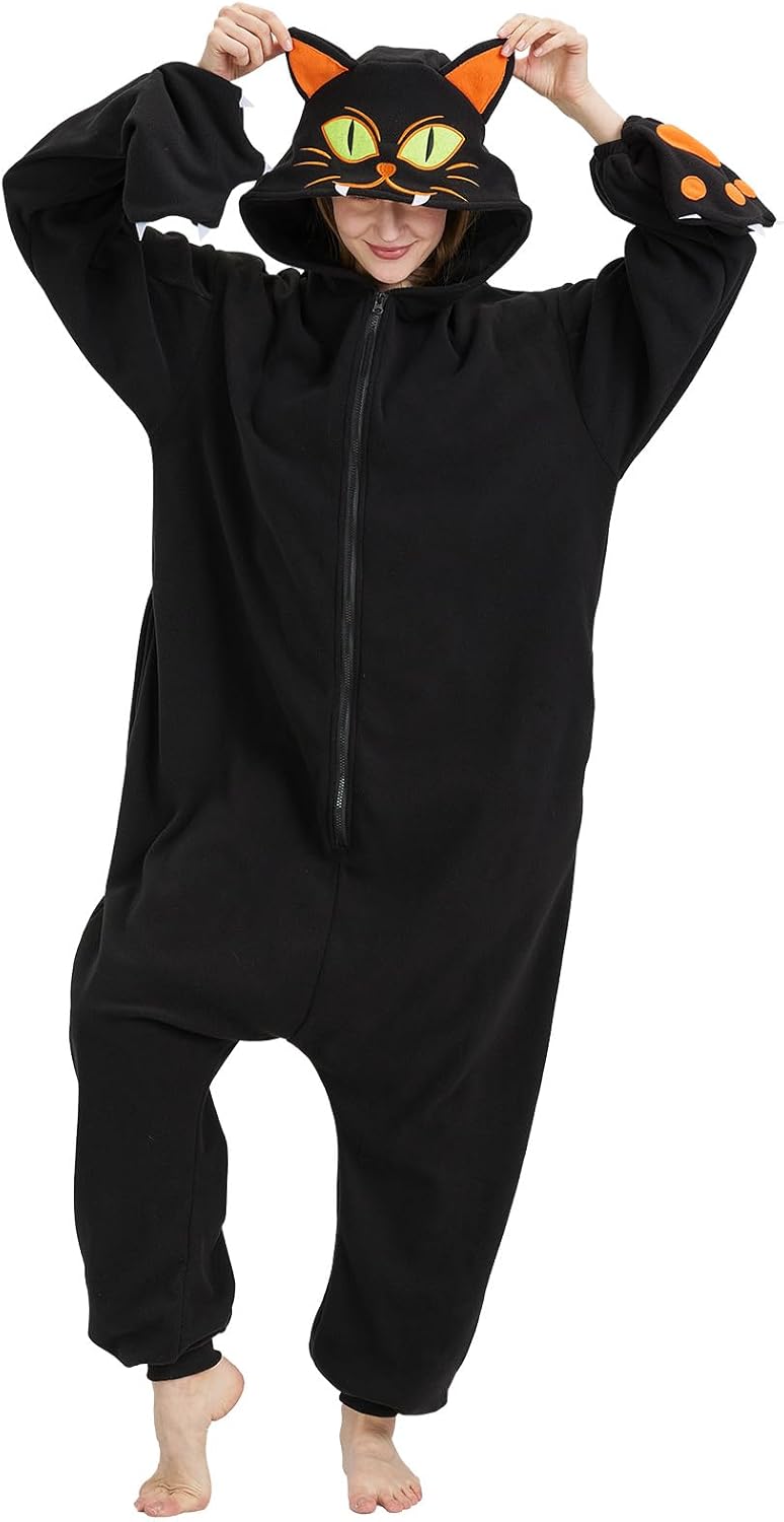 Black Cat Onesie Costumes for Adults with Hood and Cat Paw Covers Halloween Costume One-Piece Cosplay - Image 4