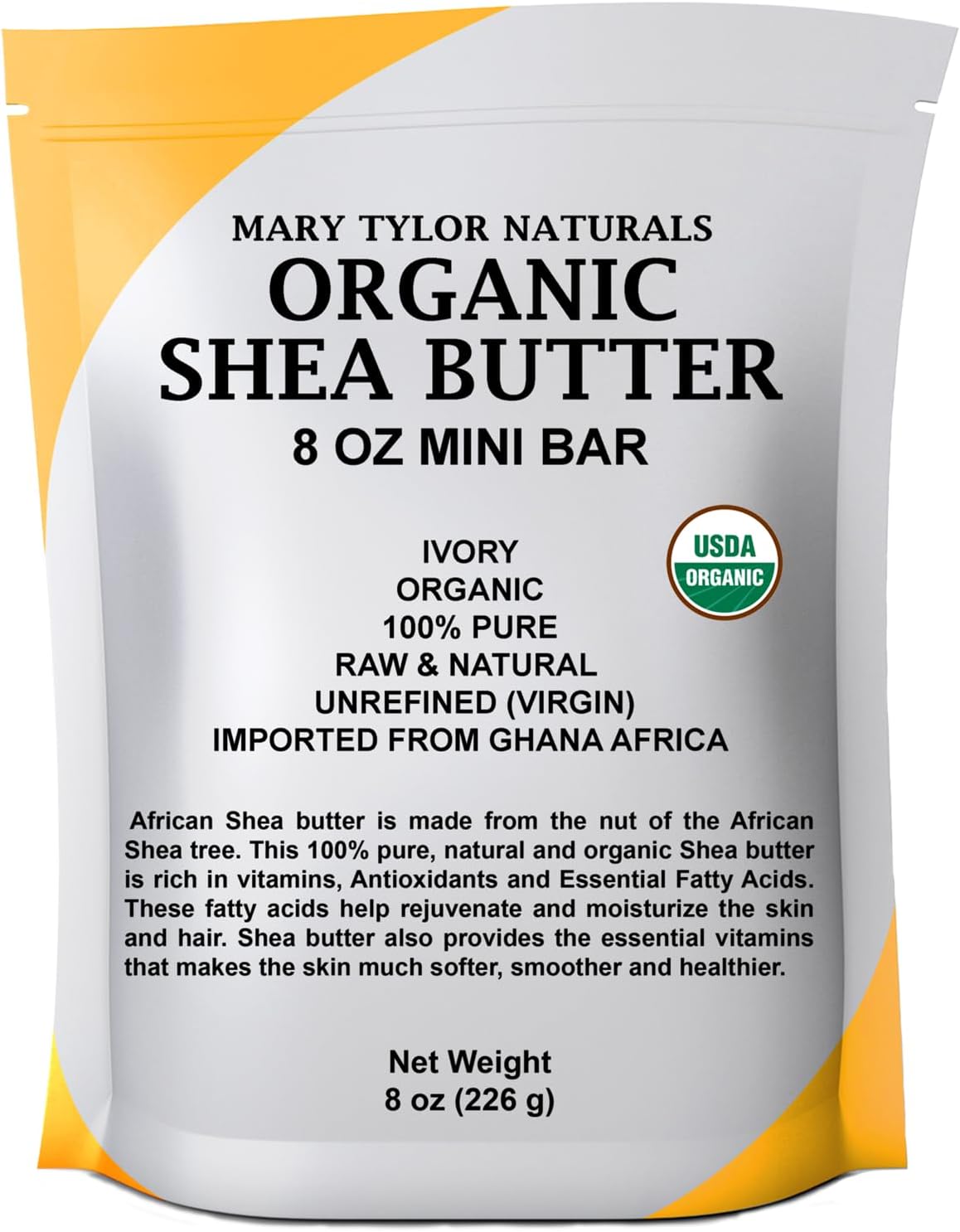 Mary Tylor Naturals Organic Shea butter 8 oz — USDA Certified Raw, Unrefined, Ivory From Ghana Africa — Great for Hair, Skin Nails and DIY projects