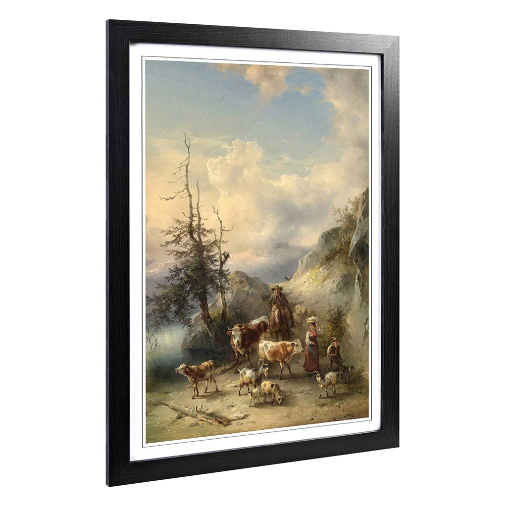 Big Box Art Framed Print of Friedrich Gauermann Animals and Landscape Design | Wall Art Picture | Home Decor for Kitchen, Living Room, Bedroom, Hallway, Black, A2 / 24.5x18 Inch / 62x45cm
