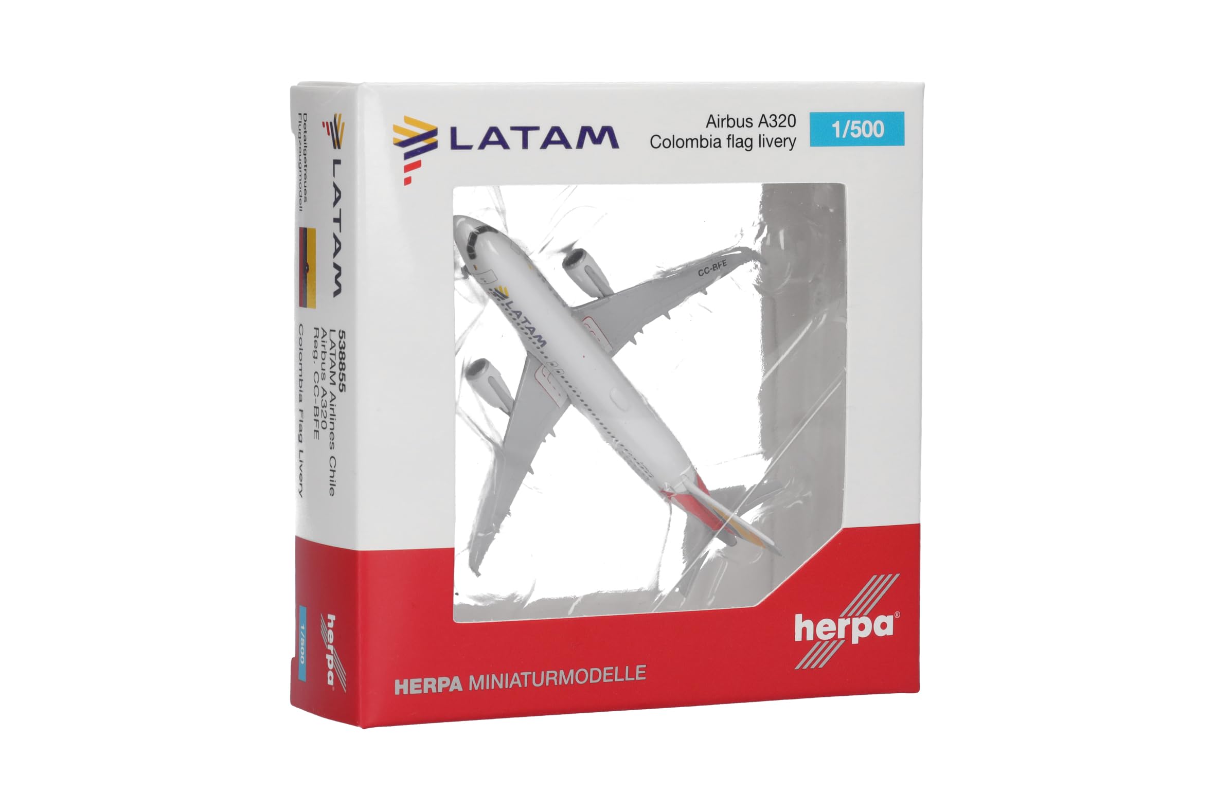 Herpa Modellflugzeug LATAM Airlines Chile Airbus A320 - Colombia Flag Livery Miniatur im Maßstab 1:500, Sammlerstück, Flugzeug Modell ohne Standfuß, Metall