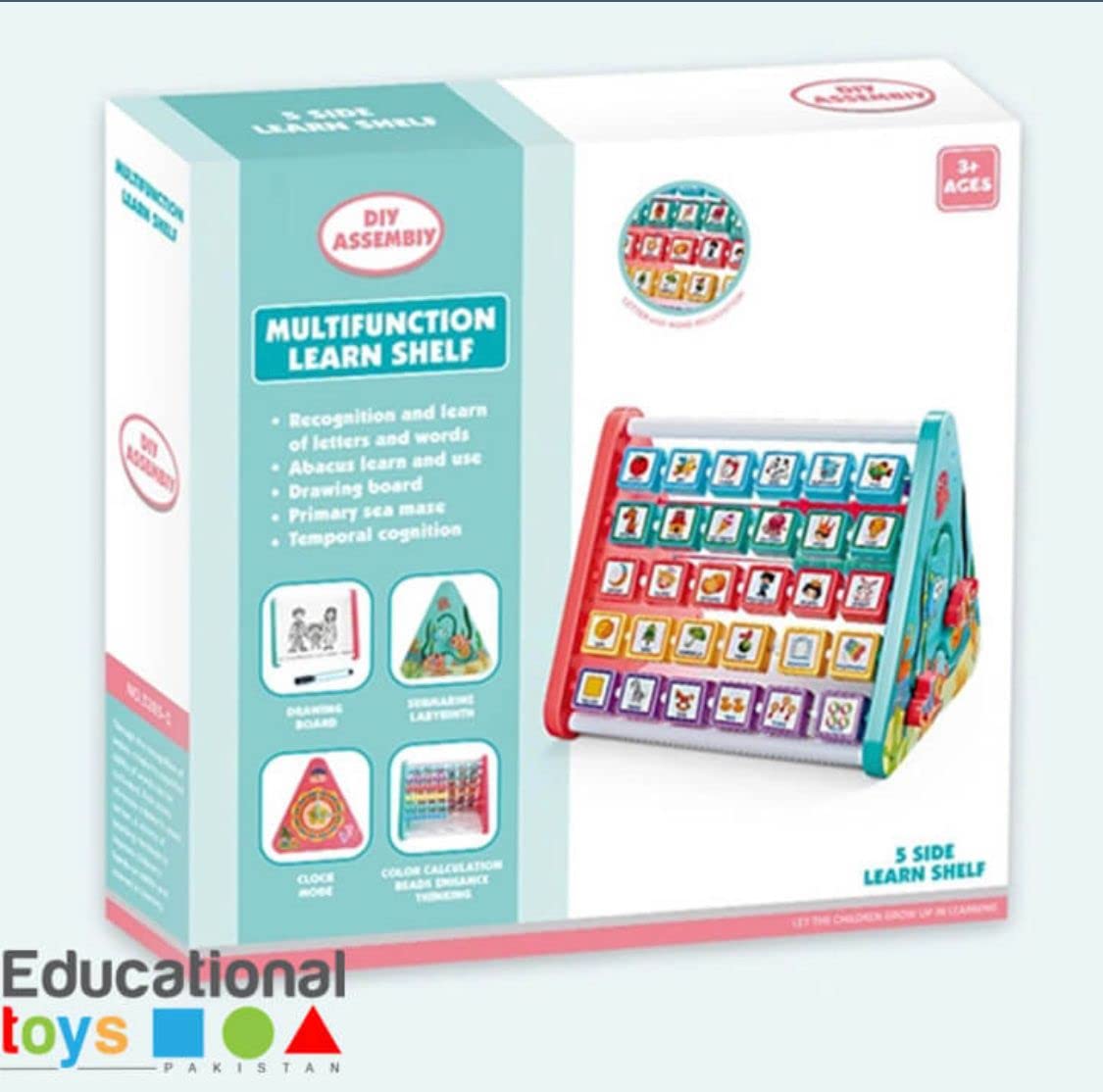 Shivaaro Activity Triangle Centre Cube | 5 in 1 Abacus Smiley Clock Drawing Board | Educational Toys Kids Toddlers 2+ Years- Multi Color 3