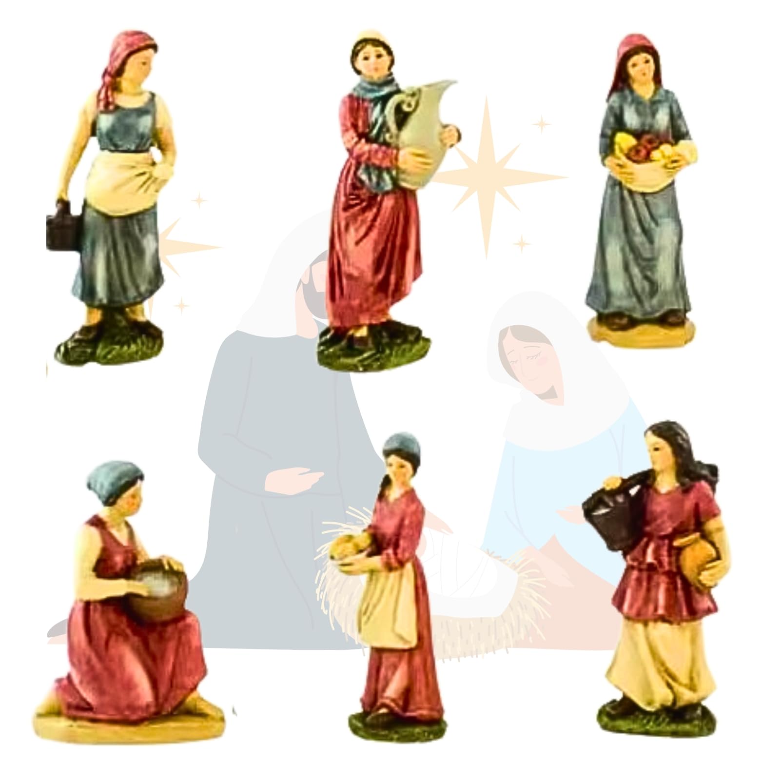 JANDTEK Figuritas del Belen Navidad - Portal de belén 6 uds - Figuras Belen Navidad pastoras 13 cm - Pueblo para nacimientos de Navidad - Figuras Pesebre de Navidad (Pastoras 13cm)