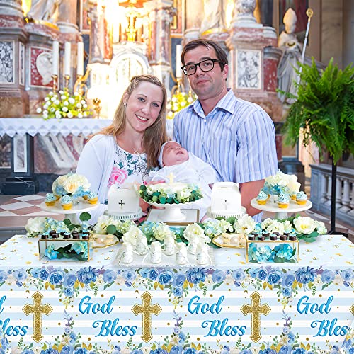 Image of 6 Packs Blue Baby Boy Baptism Party Tablecloths Decorations Flower Theme Disposable Plastic Waterproof Rectangle God Bless Table Cover for boy Baby First Communion Party Favor Supplies