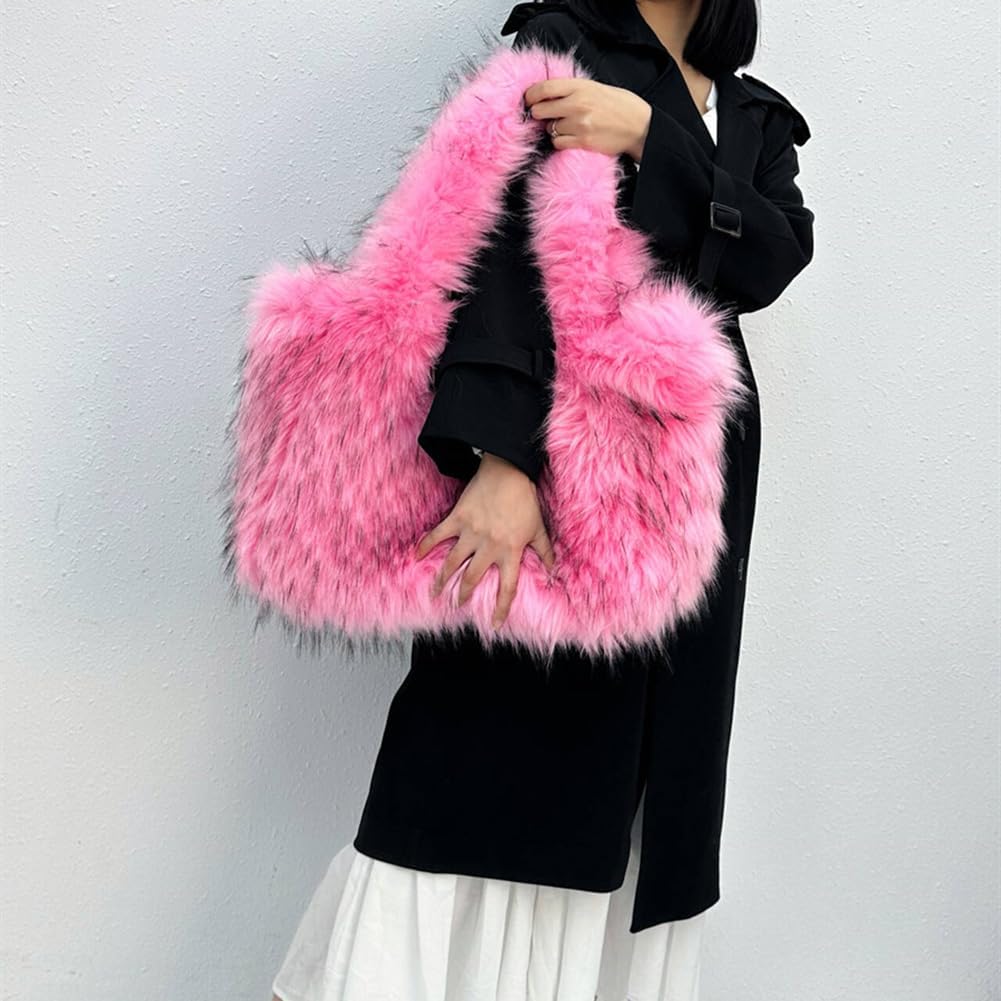 Fluffy Tote Bag for Women Girl, Cute Fuzzy Large Capacity Handbag Faux Fur Bag Furry Purse, Soft Plush Shoulder Bag, Pink