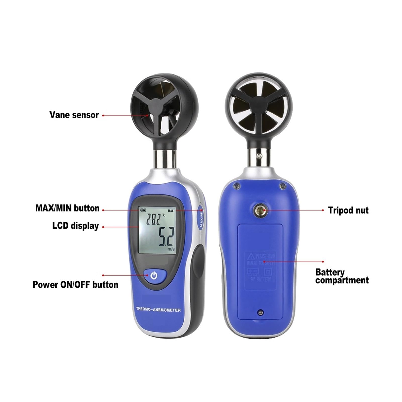 Anemómetro de mano Anemómetro Portátil Termómetro Medidor De Velocidad Del Viento Anemometro Windmeter Pantalla LCD Probador De Mano Digital(MT-905)