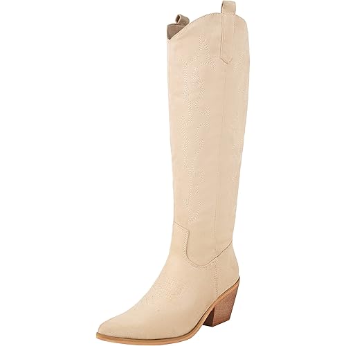 Reitoye Cowboy Boots for Women Embroidery Western Cowgirl Knee High Chunky Heel Boots with Pull-Up Tabs