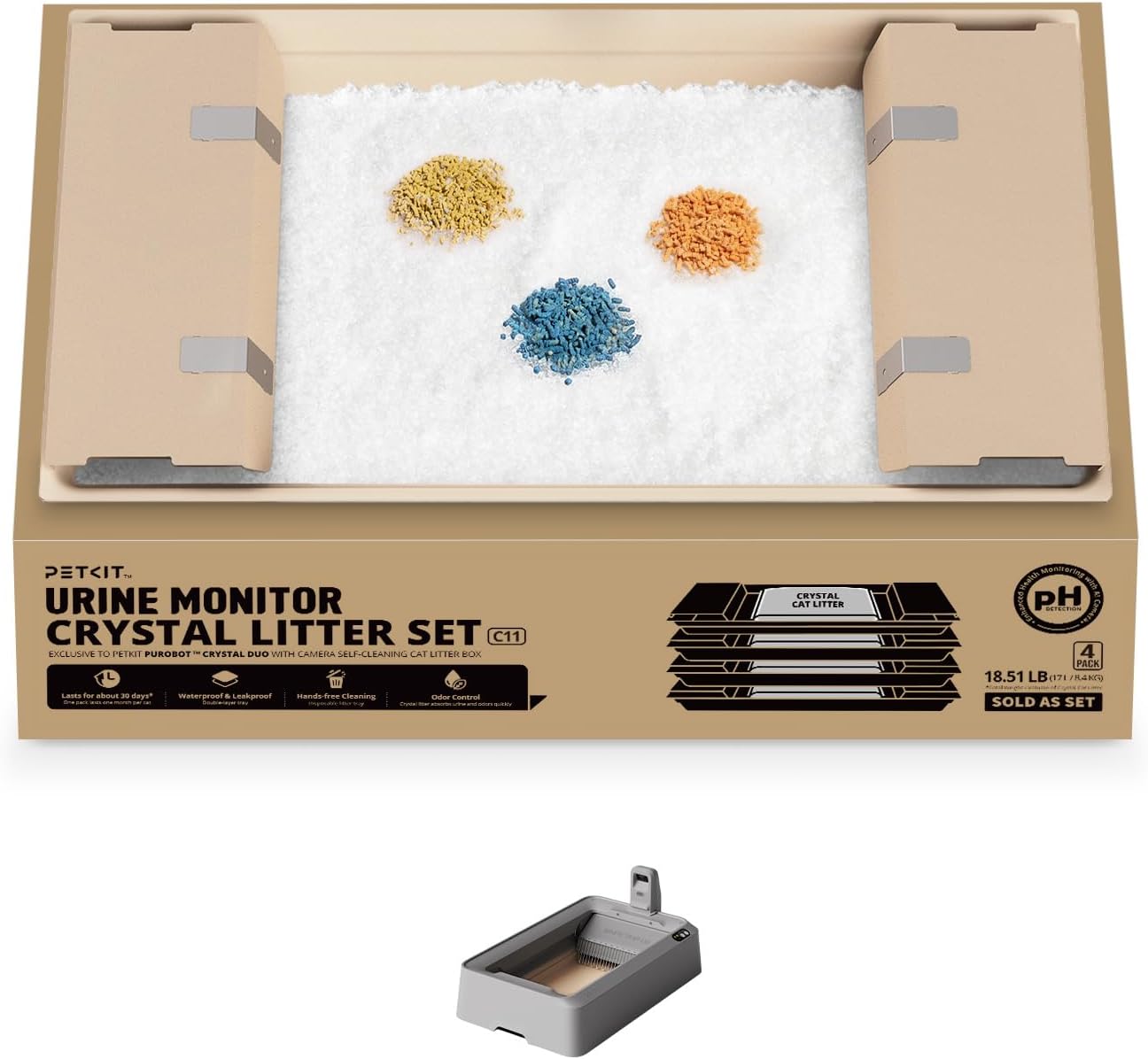 PETKIT Cat Litter with Tray, Suitable for Purobot Crystal Duo Automatic Litter Box, Dust-Free Mess-Free No Refilling, Odor Control (pH Urinalysis Crystal Cat Litter,4.5 lb×4 Packs)