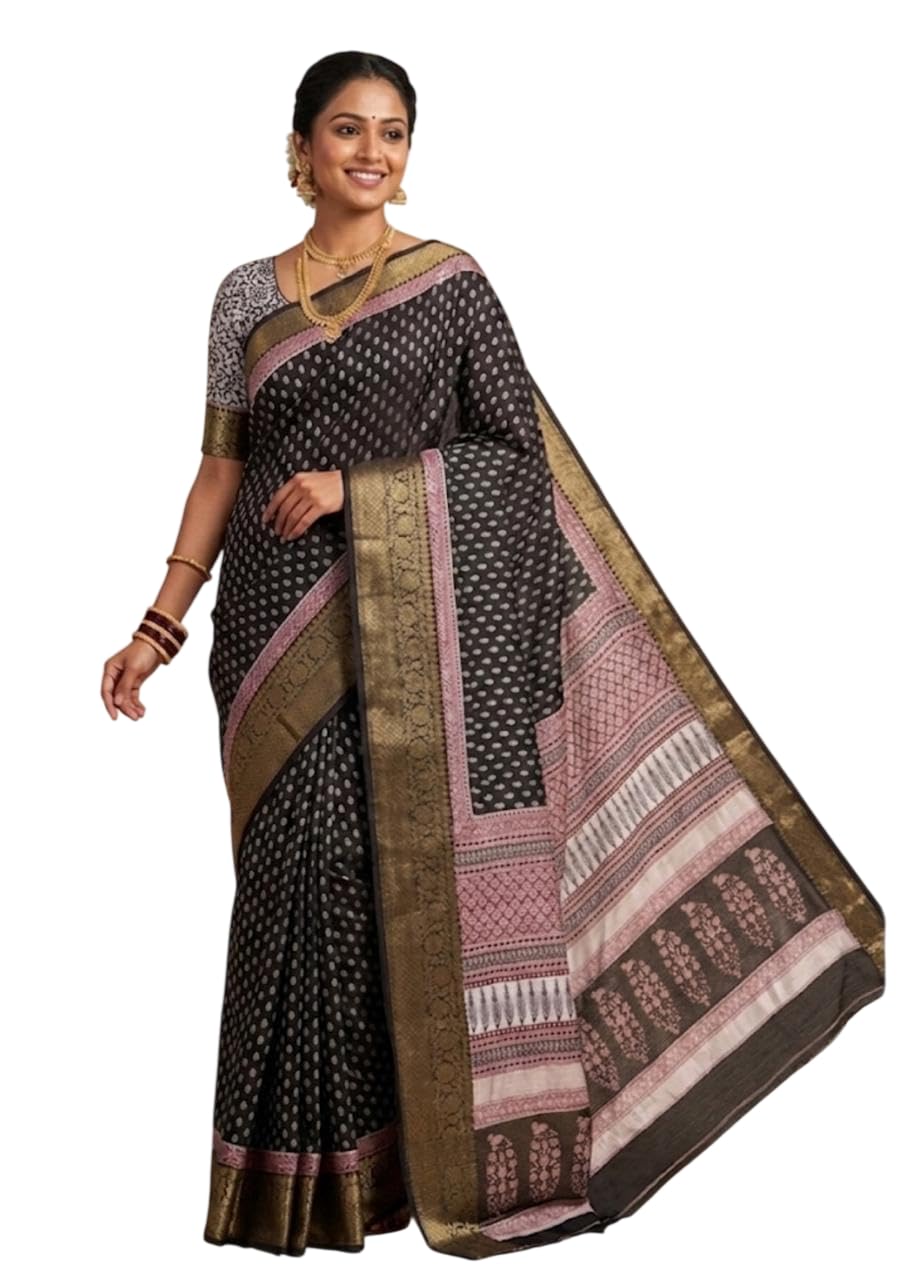 Silk saree contrast border palla and blouse. Hand block bagh print.Pure Handmade No Machine Print. No Screen Print.Don't just wear a garment; wear a GI-Tagged masterpiece. 6.3 mtr.-image-15