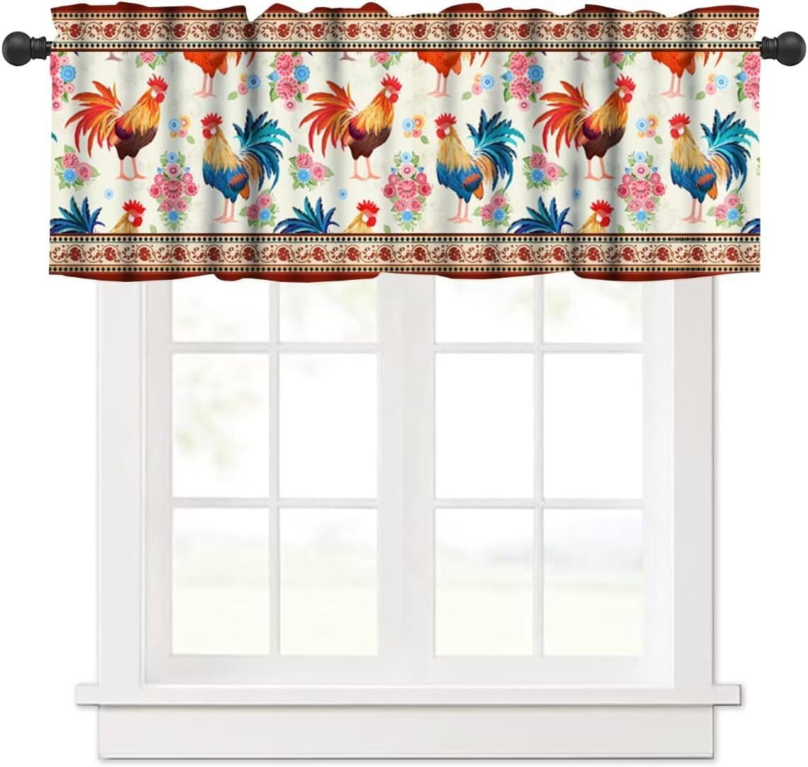Rooster Valance Kitchen Curtains,Rustic Chicken Farmhouse Floral Flowers Art Printed Rod Pocket Window Treatments for Living Room Bedroom Kitchen Bathroom Café,1 Panel,54" x 18"