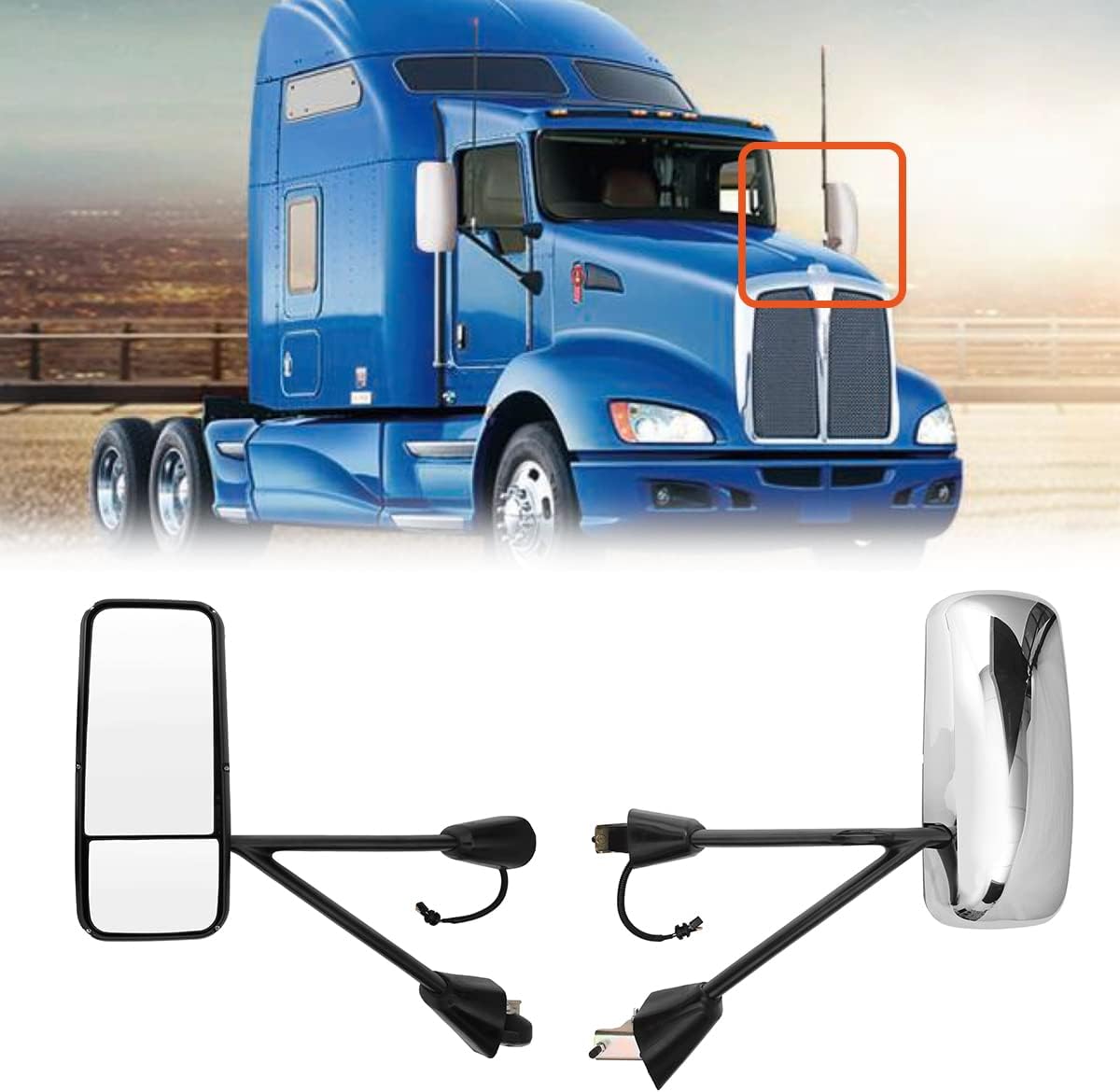 Chrome Heated & Motorized Door Mirror Assembly for KENWORTH T170 T270 T370 T440 T470 T660 T800 T600 Series Semi Trucks,Driver Side (Chrome,Left)