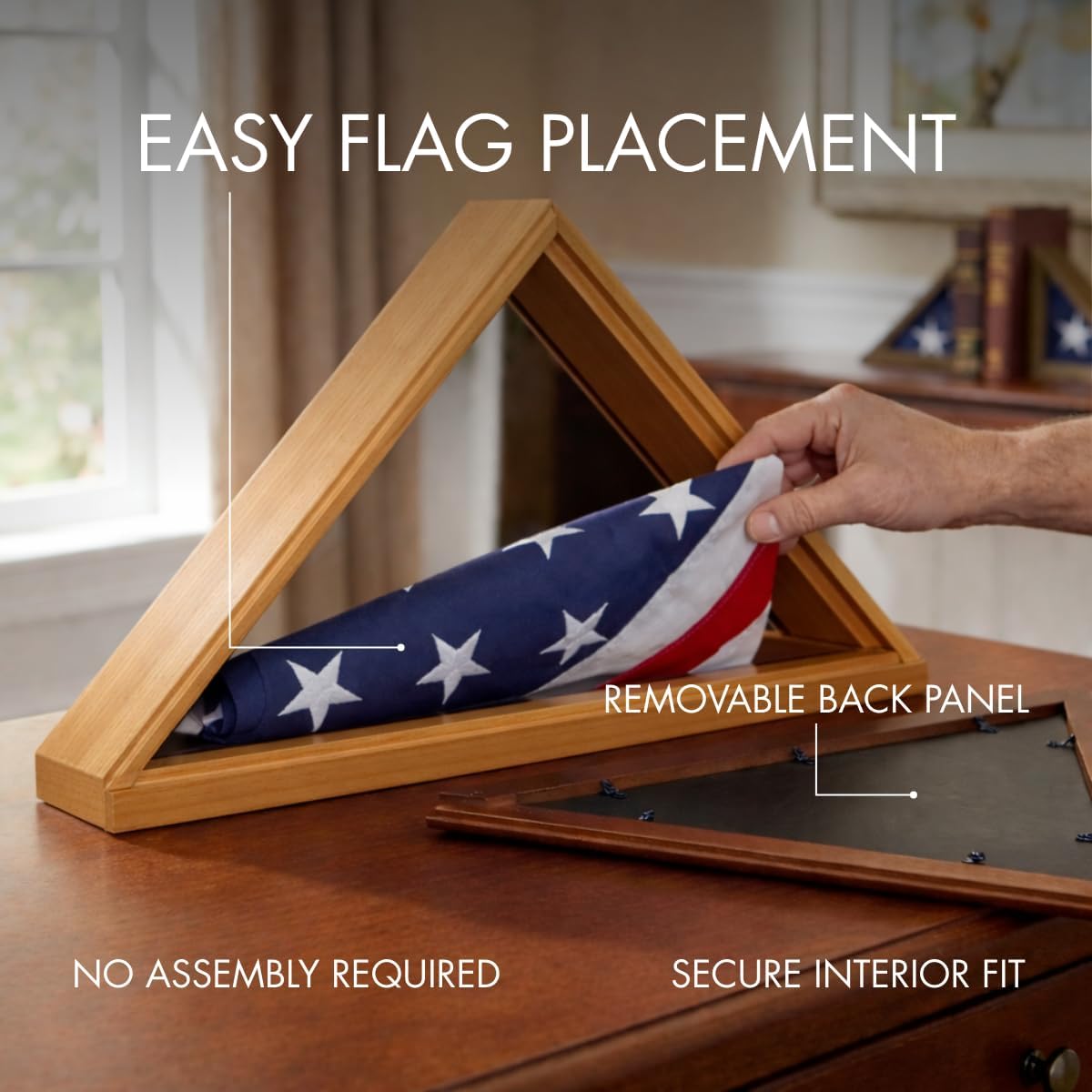 Bey-Berk Custom Personalized Solid Wood Triangle Glass Front Flag Display Case, Holds 3 ft x 5 ft Flag, Not Suitable for Burial or Memorial Flag (Mahogany) (Oak)