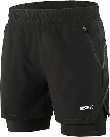 ARSUXEO Men's 2 in 1 Active Running Shorts with 2 Zipper Pockets B191