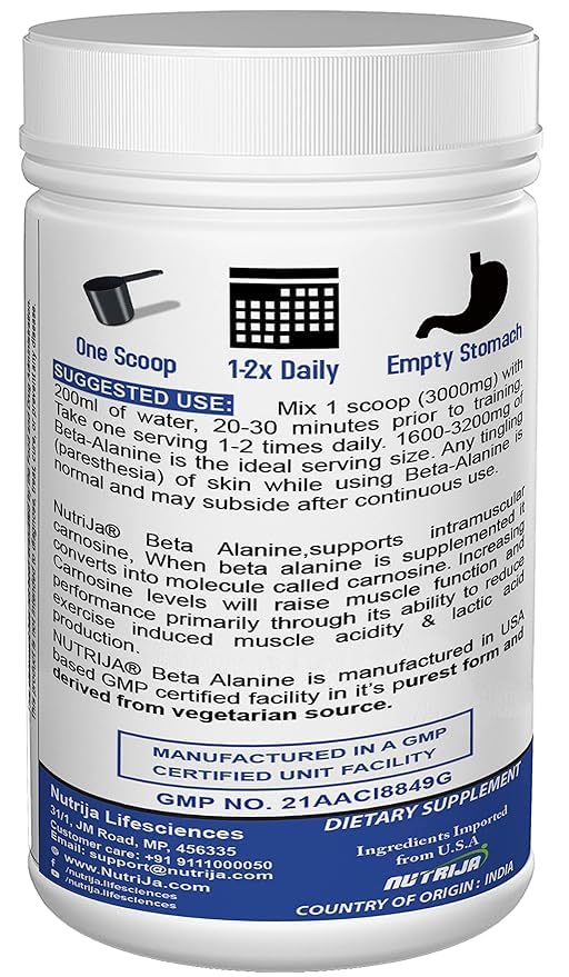 Image of NutriJa Beta Alanine Powder 250g - Unflavoured | Pre Workout Amino Acid Supplement | For High Intensity Training, Workout Endurance & Active Lifestyle | Gym Supplement (Pack of 2)