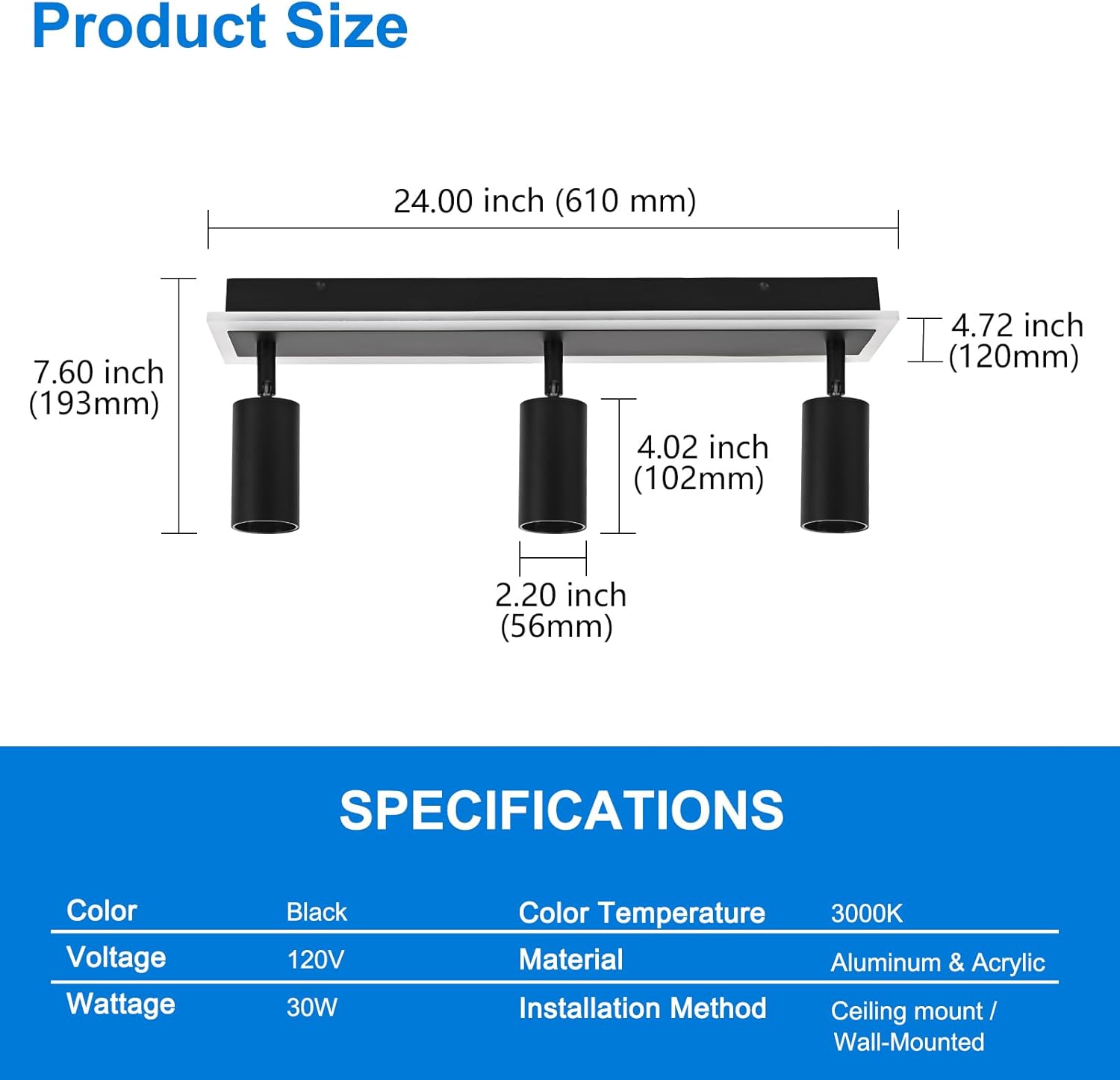 LED 3-Lights Track Lighting Spotlight Kit, Black Track Lighting Fixtures Ceiling with Flexibly Rotatable Light Heads, Bathroom Vanity Light Ceiling Mount for Kitchen Living Room​, ETL Listed