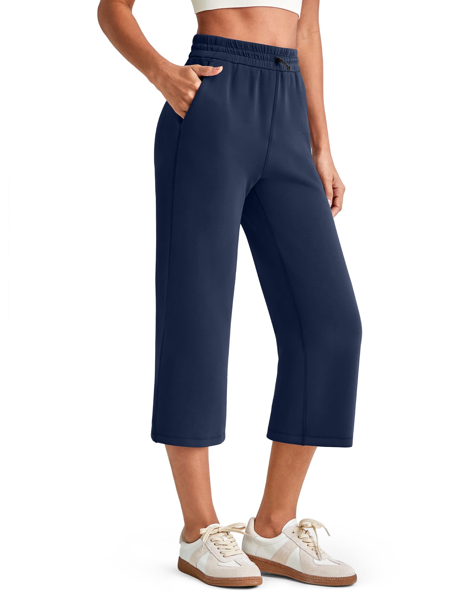 G4Free Smoofit Modal Soft Women Wide Leg Capri Sweatpants Adjustable Shockcord High Waist Casual Pants with Pockets